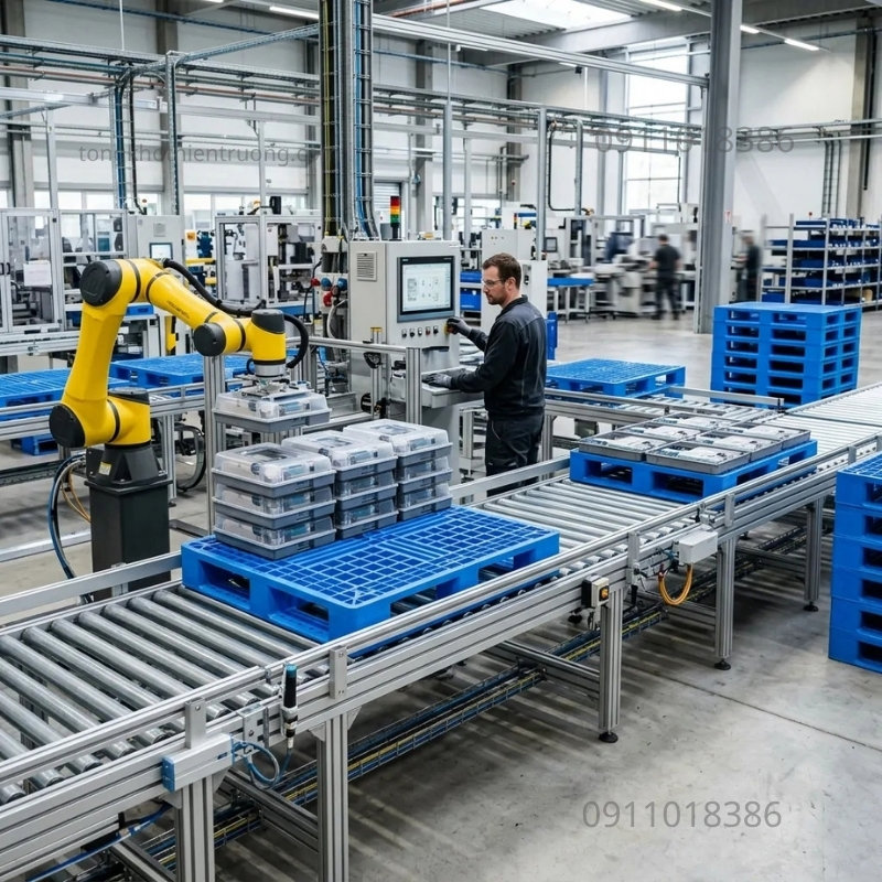 Pallet nhựa liền khối trong sản xuất